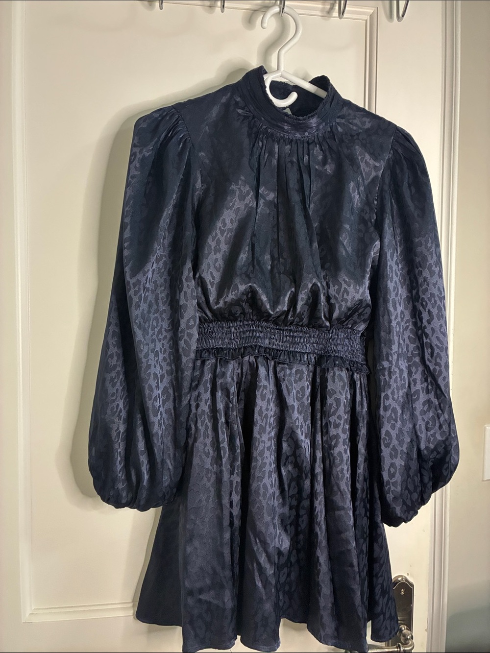 AQUA Jacquard Animal Print Smocked Waist Mini Dress Navy XS 👵MT